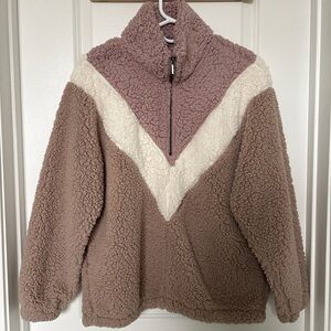 {Nine West} Sherpa Quarter Zip Oversized Sweater with Pockets